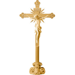 Cristo Pisa en cruz barroca con rayos en peana y Titulus Crucis en hebreo - latín - griego